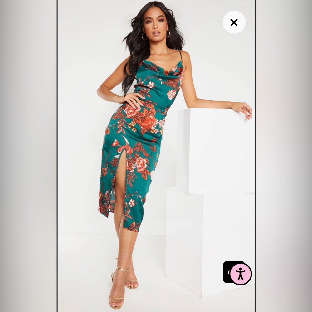 Pretty Little Thing green emerald floral midi dress with cowl neck